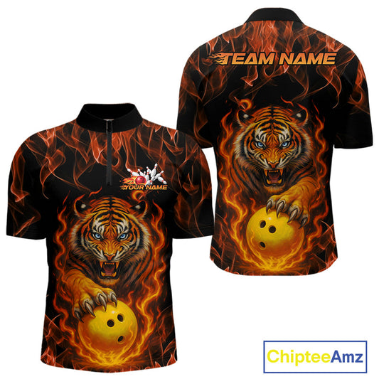 Custom Fire Flame Tiger Bowling Team Quarter-Zip Shirts For Men, Tournament Bowling Outfit IPHW9037