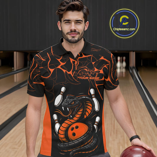 Custom Black And Orange Cobra Snake Bowling Jerseys, Bowling Team Men Polo Shirts IPHW9040