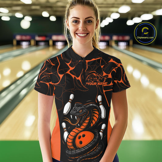 Custom Black And Orange Cobra Snake Bowling Jerseys, Bowling Team Women Quarter-Zip Shirt IPHW9040