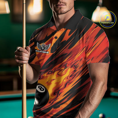 Custom Red Orange Billiards Jersey Featuring Angry Flame 8 Ball Pool Men Polo Shirt IPHW11777
