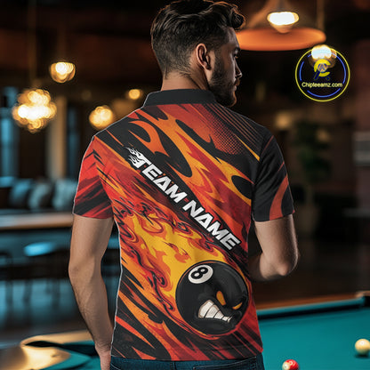Custom Red Orange Billiards Jersey Featuring Angry Flame 8 Ball Pool Men Polo Shirt IPHW11777