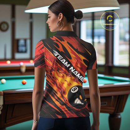 Custom Red Orange Billiards Jersey Featuring Angry Flame 8 Ball Pool Women Polo Shirt IPHW11777
