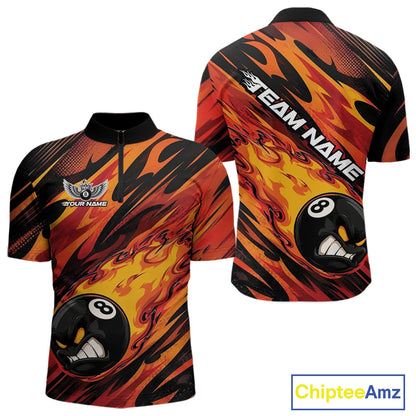 Custom Red Orange Billiards Jersey Featuring Angry Flame 8 Ball Pool Men Quarter Zip Shirt IPHW11777