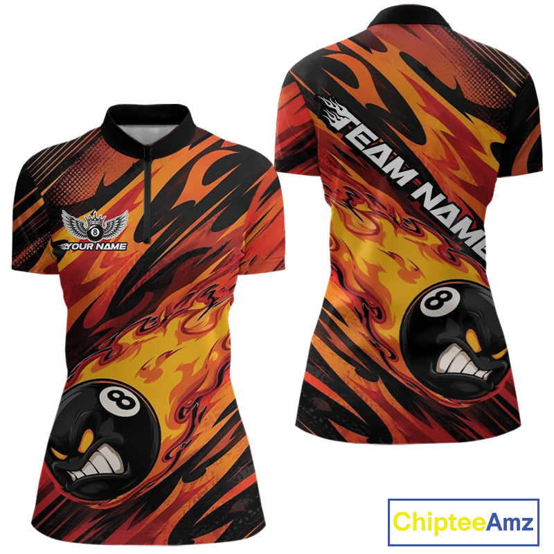 Custom Red Orange Billiards Jersey Featuring Angry Flame 8 Ball Women Quarter-Zip Shirt IPHW11777
