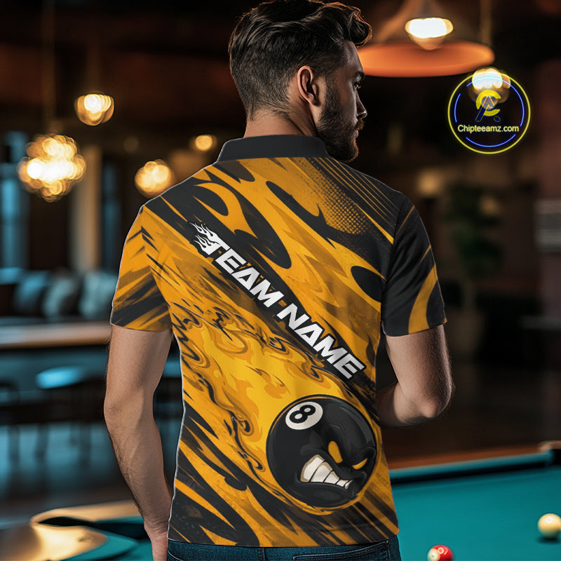 Custom Yellow Billiards Jersey Featuring Angry Flame 8 Ball Pool Men Polo Shirt IPHW11778