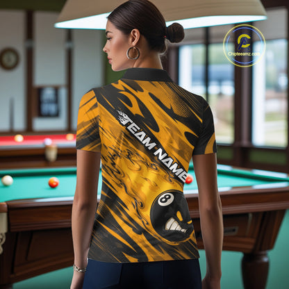 Custom Yellow Billiards Jersey Featuring Angry Flame 8 Ball Pool Women Polo Shirt IPHW11778