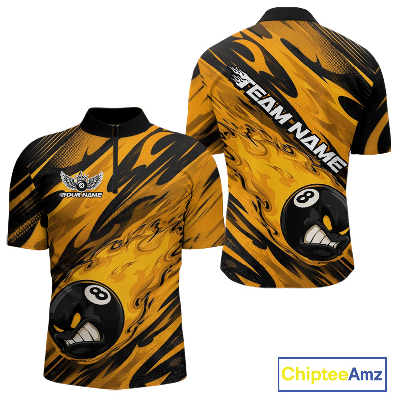 Custom Yellow Billiards Jersey Featuring Angry Flame 8 Ball Pool Men Quarter Zip Shirt IPHW11778