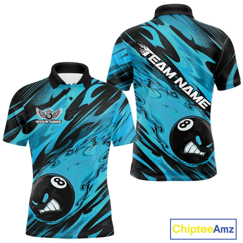 Custom Blue Billiards Jersey Featuring Angry Flame 8 Ball Pool Men Polo Shirt IPHW11779