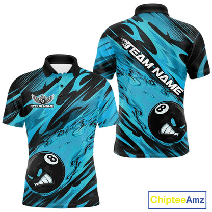 Custom Blue Billiards Jersey Featuring Angry Flame 8 Ball Pool Men Polo Shirt IPHW11779