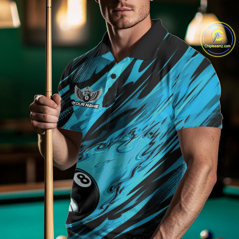 Custom Blue Billiards Jersey Featuring Angry Flame 8 Ball Pool Men Polo Shirt IPHW11779