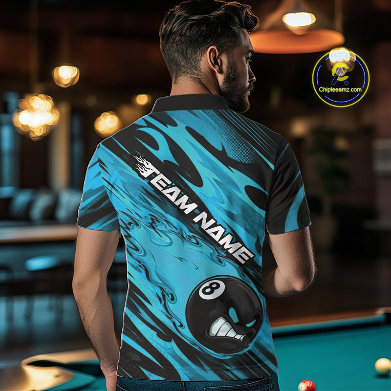 Custom Blue Billiards Jersey Featuring Angry Flame 8 Ball Pool Men Polo Shirt IPHW11779