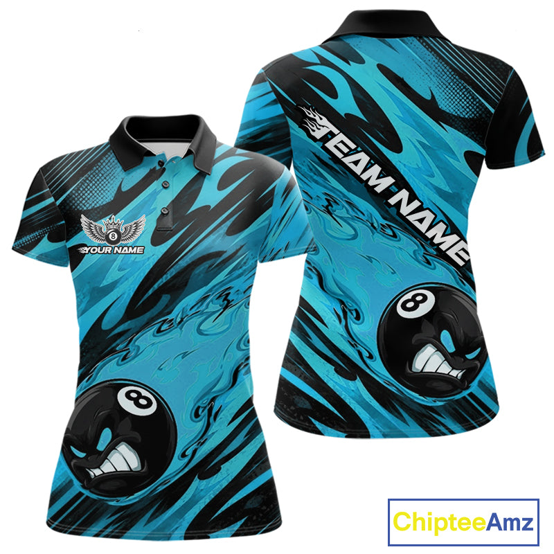 Custom Blue Billiards Jersey Featuring Angry Flame 8 Ball Pool Women Polo Shirt IPHW11779