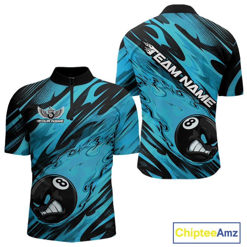 Custom Blue Billiards Jersey Featuring Angry Flame 8 Ball Pool Men Quarter Zip Shirt IPHW11779
