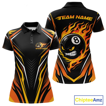 Custom Black And Orange Flame Angry 8 Ball Billiards Jerseys Polo Shirt For Women IPHW11780