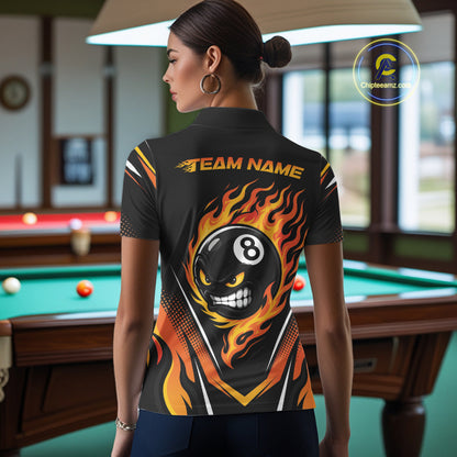 Custom Black And Orange Flame Angry 8 Ball Billiards Jerseys Polo Shirt For Women IPHW11780