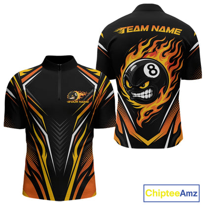 Custom Black And Orange Flame Angry 8 Ball Billiards Jerseys Quarter Zip Shirt For Men IPHW11780