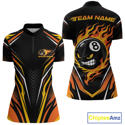 Custom Black And Orange Flame Angry 8 Ball Billiards Jerseys Quarter-Zip Shirt For Women IPHW11780