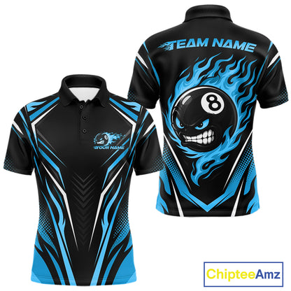 Custom Black And Blue Flame Angry 8 Ball Billiards Jerseys Polo Shirt For Men IPHW11781
