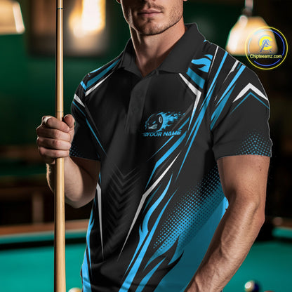 Custom Black And Blue Flame Angry 8 Ball Billiards Jerseys Polo Shirt For Men IPHW11781