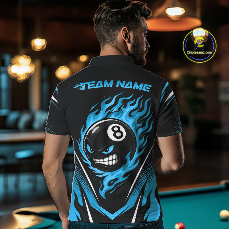 Custom Black And Blue Flame Angry 8 Ball Billiards Jerseys Polo Shirt For Men IPHW11781