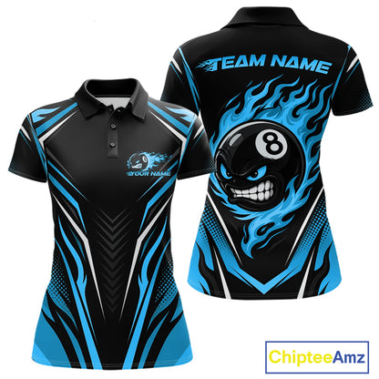 Custom Black And Blue Flame Angry 8 Ball Billiards Jerseys Polo Shirt For Women IPHW11781