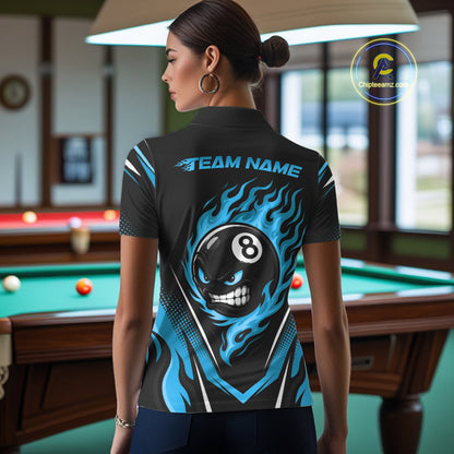 Custom Black And Blue Flame Angry 8 Ball Billiards Jerseys Polo Shirt For Women IPHW11781