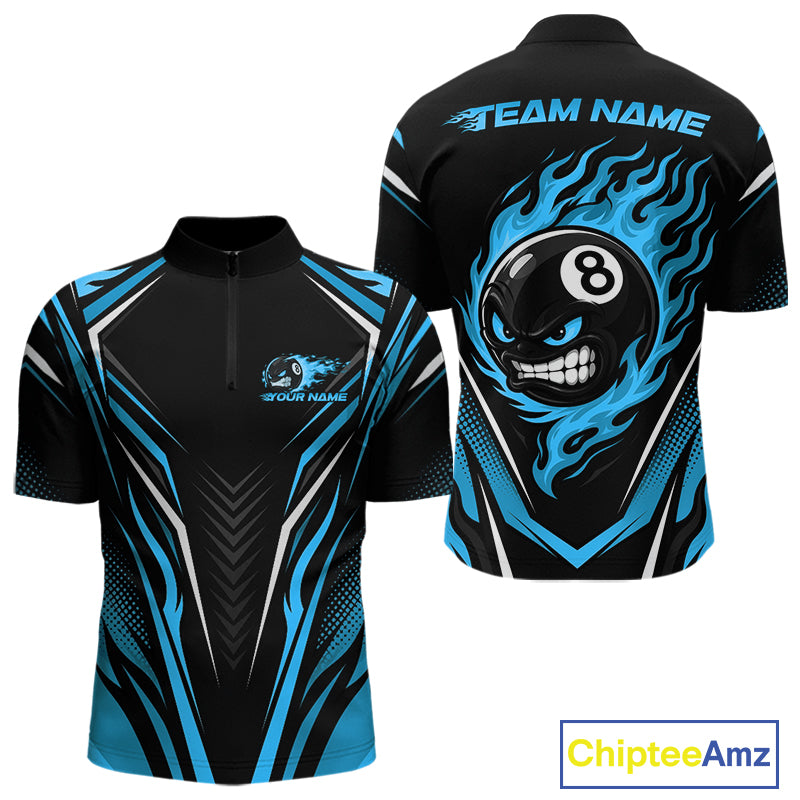 Custom Black And Blue Flame Angry 8 Ball Billiards Jerseys Quarter Zip Shirt For Men IPHW11781