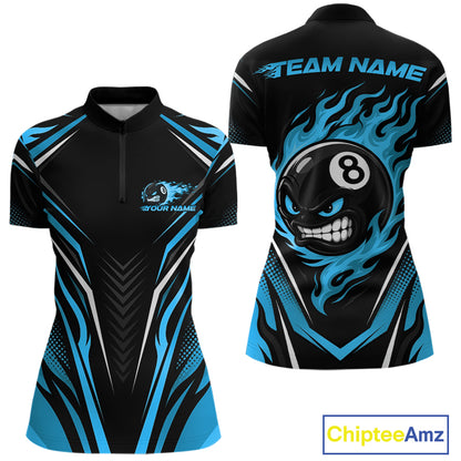 Custom Black And Blue Flame Angry 8 Ball Billiards Jerseys Quarter-Zip Shirt For Women IPHW11781