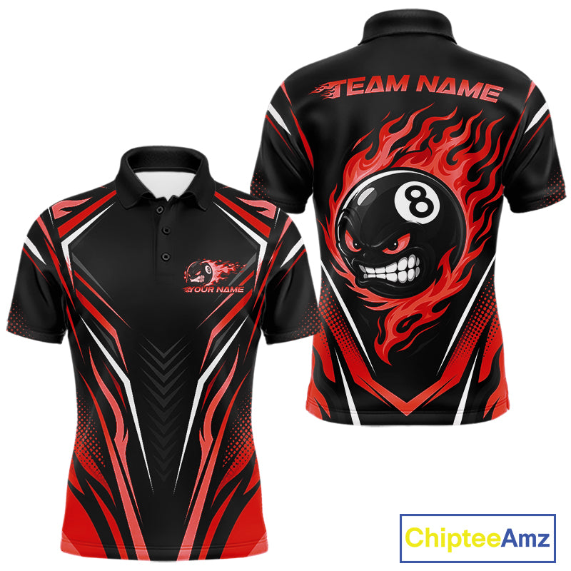 Custom Black And Red Flame Angry 8 Ball Billiards Jerseys Polo Shirt For Men IPHW11782