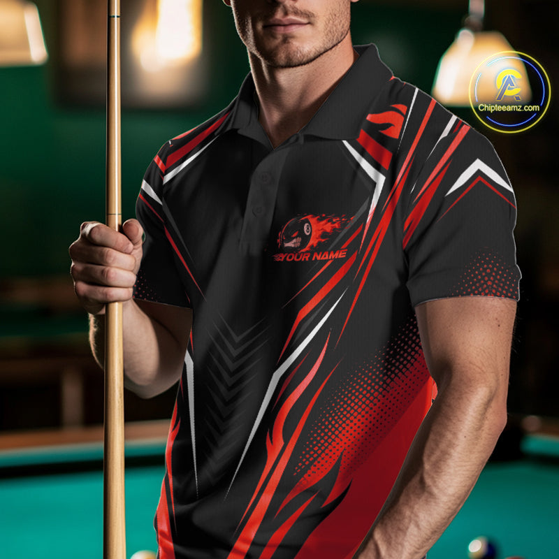Custom Black And Red Flame Angry 8 Ball Billiards Jerseys Polo Shirt For Men IPHW11782