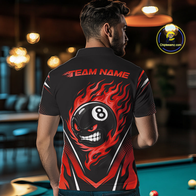 Custom Black And Red Flame Angry 8 Ball Billiards Jerseys Polo Shirt For Men IPHW11782