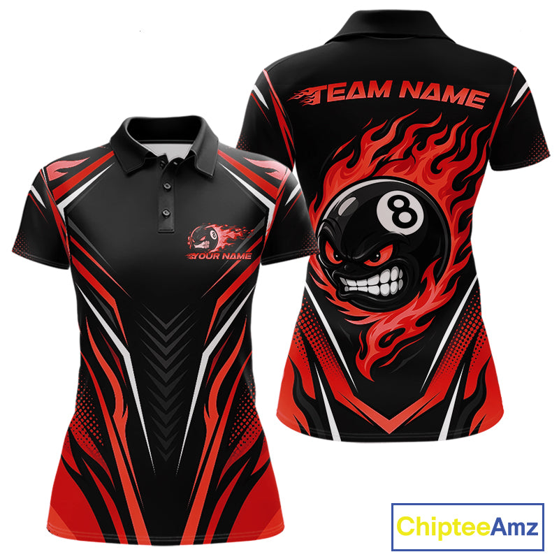 Custom Black And Red Flame Angry 8 Ball Billiards Jerseys Polo Shirt For Women IPHW11782