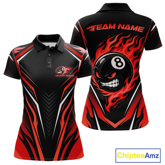 Custom Black And Red Flame Angry 8 Ball Billiards Jerseys Polo Shirt For Women IPHW11782