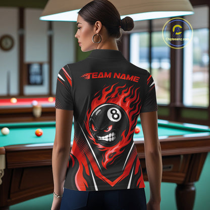 Custom Black And Red Flame Angry 8 Ball Billiards Jerseys Polo Shirt For Women IPHW11782