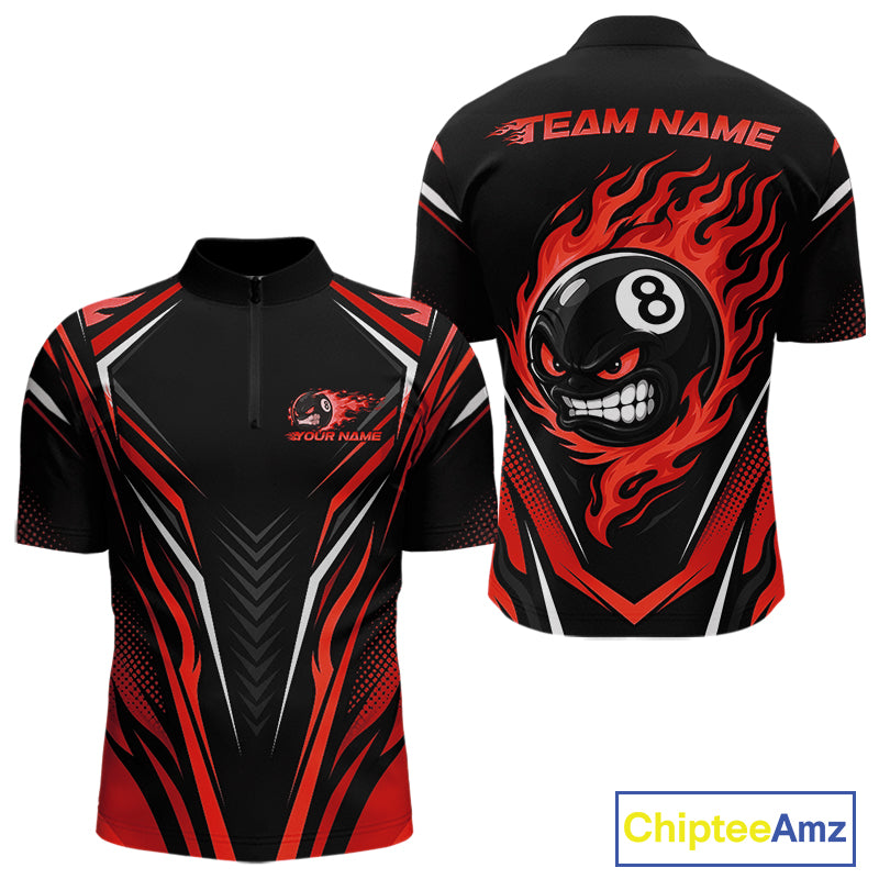 Custom Black And Red Flame Angry 8 Ball Billiards Jerseys Quarter Zip Shirt For Men IPHW11782