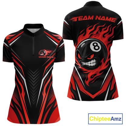 Custom Black And Red Flame Angry 8 Ball Billiards Jerseys Quarter-Zip Shirt For Women IPHW11782