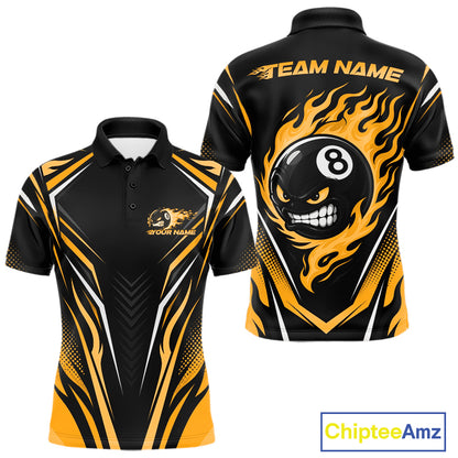Custom Black And Yellow Flame Angry 8 Ball Billiards Jerseys Polo Shirt For Men IPHW11783