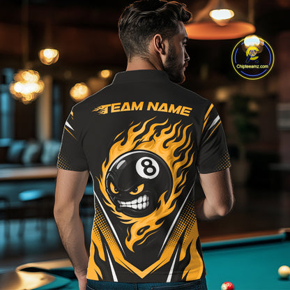Custom Black And Yellow Flame Angry 8 Ball Billiards Jerseys Polo Shirt For Men IPHW11783