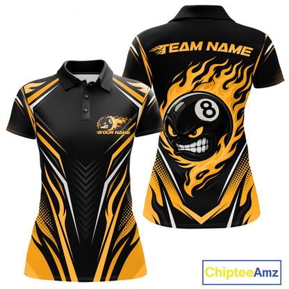 Custom Black And Yellow Flame Angry 8 Ball Billiards Jerseys Polo Shirt For Women IPHW11783