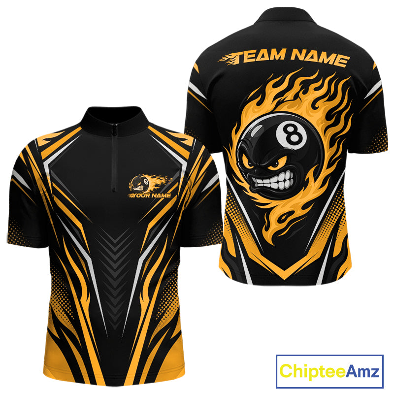 Custom Black And Yellow Flame Angry 8 Ball Billiards Jerseys Quarter Zip Shirt For Men IPHW11783