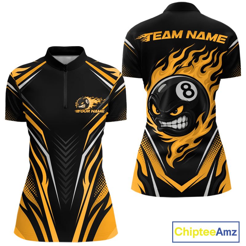 Custom Black And Yellow Flame Angry 8 Ball Billiards Jerseys Quarter-Zip Shirt For Women IPHW11783