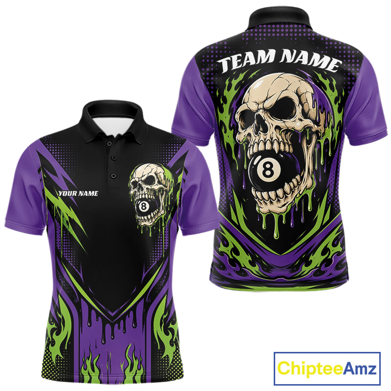 Custom Green And Purple Dripping Skull 8 Ball Halloween Billiards Men Polo Shirt IPHW11785