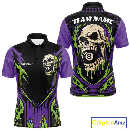 Custom Green And Purple Dripping Skull 8 Ball Halloween Billiards Men Polo Shirt IPHW11785