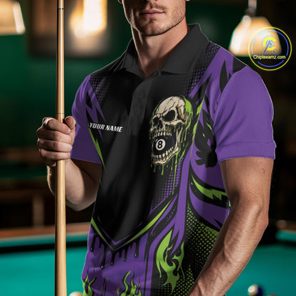 Custom Green And Purple Dripping Skull 8 Ball Halloween Billiards Men Polo Shirt IPHW11785
