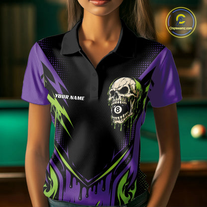Custom Green And Purple Dripping Skull 8 Ball Halloween Billiards Women Polo Shirt IPHW11785