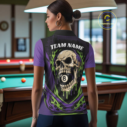Custom Green And Purple Dripping Skull 8 Ball Halloween Billiards Women Polo Shirt IPHW11785