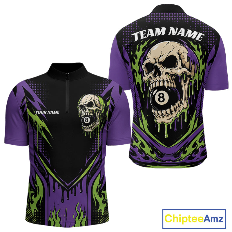 Custom Green And Purple Dripping Skull 8 Ball Halloween Billiards Men Quarter Zip Shirt IPHW11785