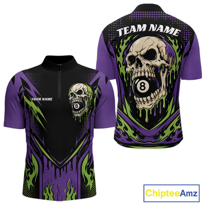 Custom Green And Purple Dripping Skull 8 Ball Halloween Billiards Men Quarter Zip Shirt IPHW11785