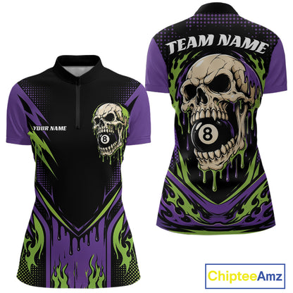 Custom Green Purple Dripping Skull 8 Ball Halloween Billiards Women Quarter-Zip Shirt IPHW11785