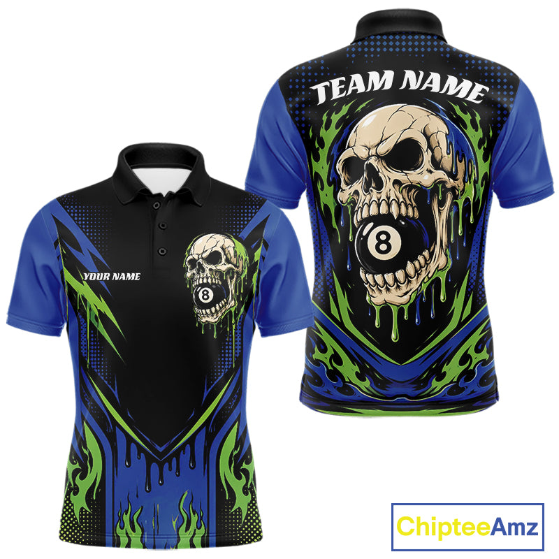 Custom Blue And Green Dripping Skull 8 Ball Halloween Billiards Men Polo Shirt IPHW11786